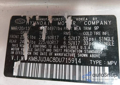 2013 Hyundai Tucson Gls z USA, uszkodzony, nr VIN KM8JU3AC8DU715914